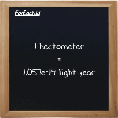 1 hectometer is equivalent to 1.057e-14 light year (1 hm is equivalent to 1.057e-14 ly)