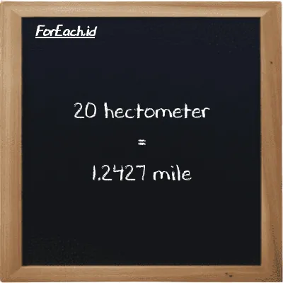 20 hectometer is equivalent to 1.2427 mile (20 hm is equivalent to 1.2427 mi)