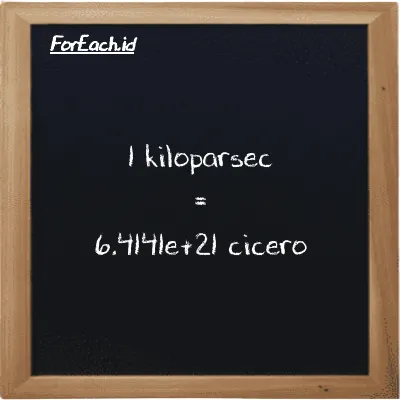 1 kiloparsec is equivalent to 6.4141e+21 cicero (1 kpc is equivalent to 6.4141e+21 ccr)