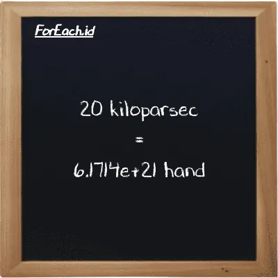 20 kiloparsec is equivalent to 6.1714e+21 hand (20 kpc is equivalent to 6.1714e+21 h)