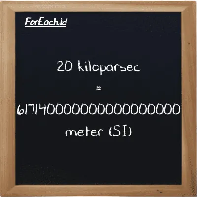 20 kiloparsec is equivalent to 617140000000000000000 meter (20 kpc is equivalent to 617140000000000000000 m)