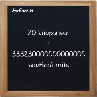 20 kiloparsec is equivalent to 333230000000000000 nautical mile (20 kpc is equivalent to 333230000000000000 nmi)