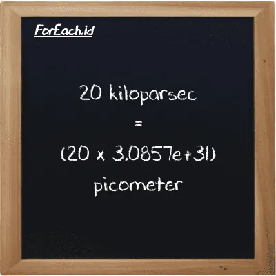 How to convert kiloparsec to picometer: 20 kiloparsec (kpc) is equivalent to 20 times 3.0857e+31 picometer (pm)