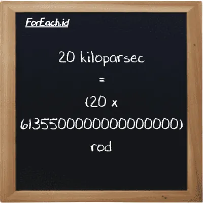 How to convert kiloparsec to rod: 20 kiloparsec (kpc) is equivalent to 20 times 6135500000000000000 rod (rd)