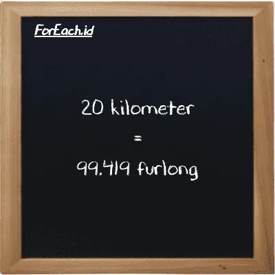 20 kilometer is equivalent to 99.419 furlong (20 km is equivalent to 99.419 fur)
