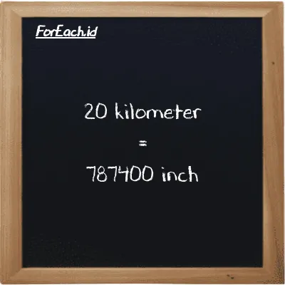 20 kilometer is equivalent to 787400 inch (20 km is equivalent to 787400 in)