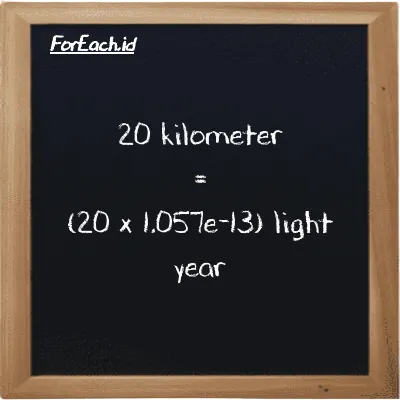 How to convert kilometer to light year: 20 kilometer (km) is equivalent to 20 times 1.057e-13 light year (ly)