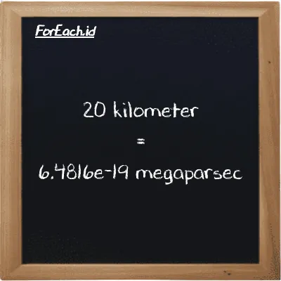 20 kilometer is equivalent to 6.4816e-19 megaparsec (20 km is equivalent to 6.4816e-19 Mpc)