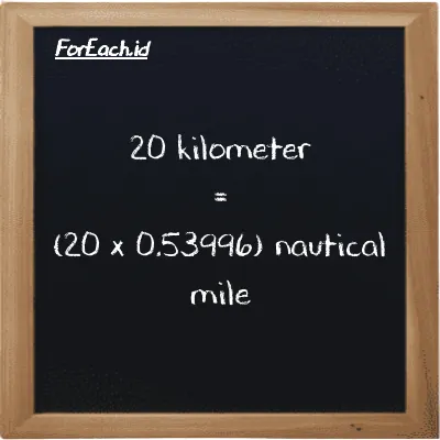 How to convert kilometer to nautical mile: 20 kilometer (km) is equivalent to 20 times 0.53996 nautical mile (nmi)