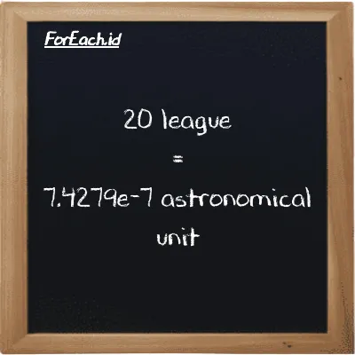 20 league is equivalent to 7.4279e-7 astronomical unit (20 lg is equivalent to 7.4279e-7 au)