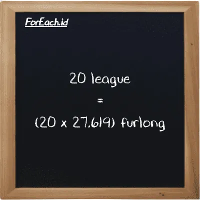 How to convert league to furlong: 20 league (lg) is equivalent to 20 times 27.619 furlong (fur)