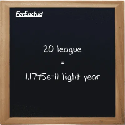 20 league is equivalent to 1.1745e-11 light year (20 lg is equivalent to 1.1745e-11 ly)
