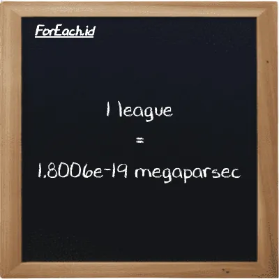 1 league is equivalent to 1.8006e-19 megaparsec (1 lg is equivalent to 1.8006e-19 Mpc)