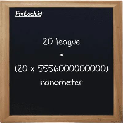How to convert league to nanometer: 20 league (lg) is equivalent to 20 times 5556000000000 nanometer (nm)