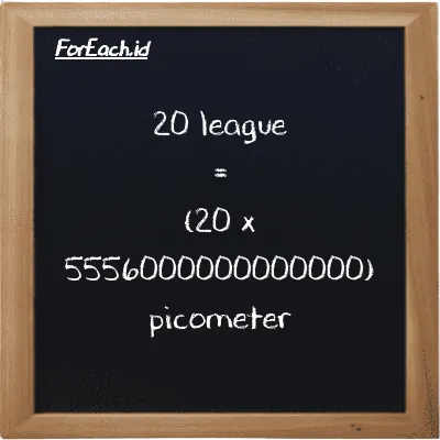 How to convert league to picometer: 20 league (lg) is equivalent to 20 times 5556000000000000 picometer (pm)