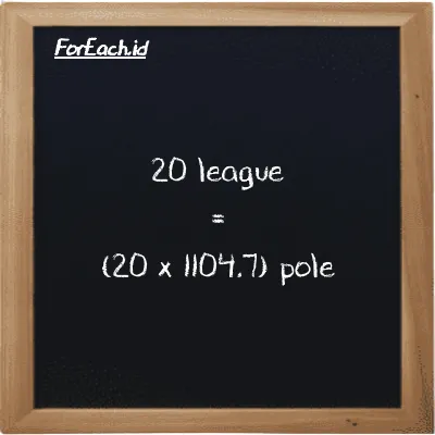 How to convert league to pole: 20 league (lg) is equivalent to 20 times 1104.7 pole (pl)