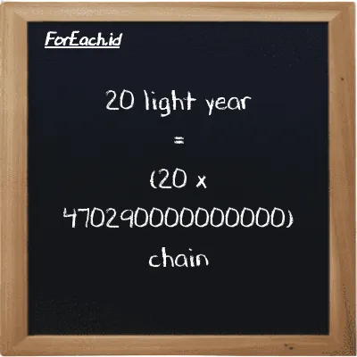 How to convert light year to chain: 20 light year (ly) is equivalent to 20 times 470290000000000 chain (ch)