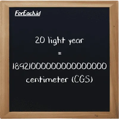 20 light year is equivalent to 18921000000000000000 centimeter (20 ly is equivalent to 18921000000000000000 cm)