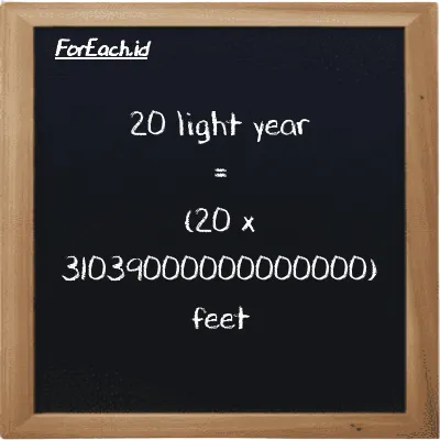 How to convert light year to feet: 20 light year (ly) is equivalent to 20 times 31039000000000000 feet (ft)