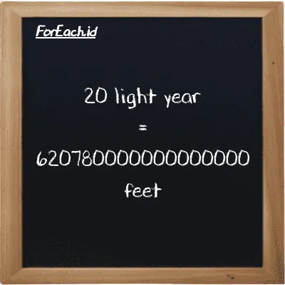 20 light year is equivalent to 620780000000000000 feet (20 ly is equivalent to 620780000000000000 ft)