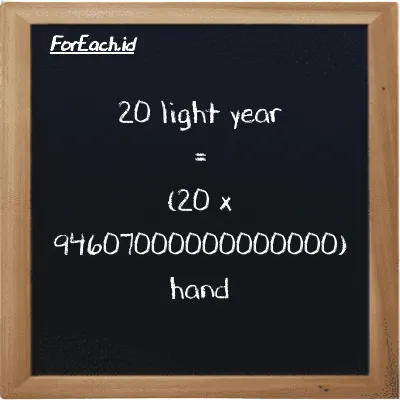 How to convert light year to hand: 20 light year (ly) is equivalent to 20 times 94607000000000000 hand (h)