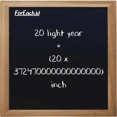 How to convert light year to inch: 20 light year (ly) is equivalent to 20 times 372470000000000000 inch (in)