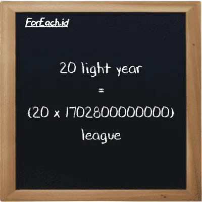 How to convert light year to league: 20 light year (ly) is equivalent to 20 times 1702800000000 league (lg)