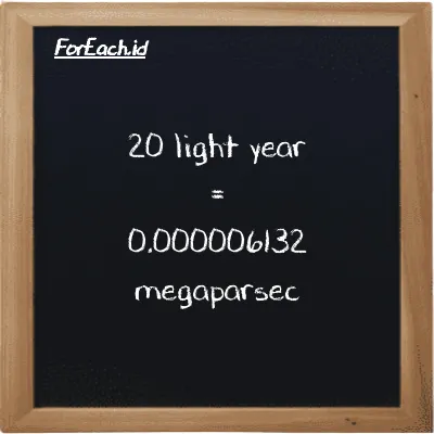 20 light year is equivalent to 0.000006132 megaparsec (20 ly is equivalent to 0.000006132 Mpc)