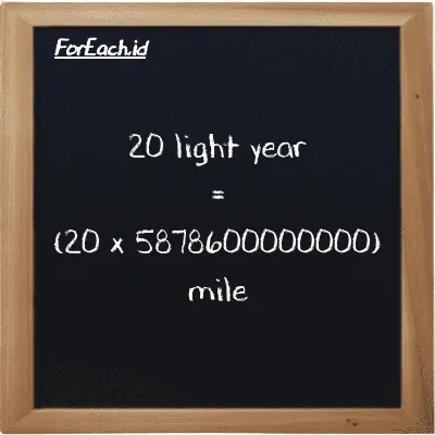 How to convert light year to mile: 20 light year (ly) is equivalent to 20 times 5878600000000 mile (mi)