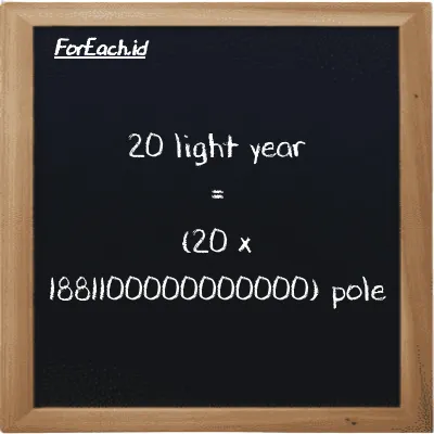 How to convert light year to pole: 20 light year (ly) is equivalent to 20 times 1881100000000000 pole (pl)