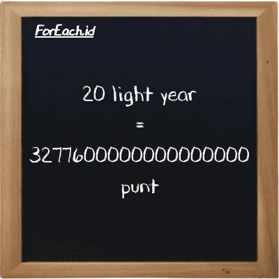 20 light year is equivalent to 3277600000000000000 punt (20 ly is equivalent to 3277600000000000000 pnt)