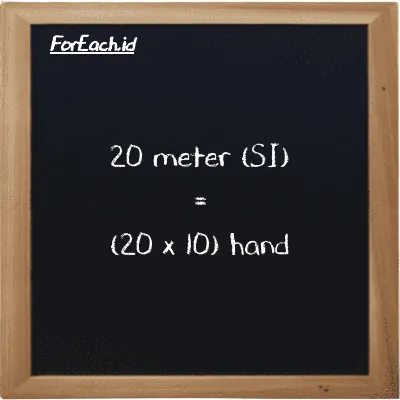 How to convert meter to hand: 20 meter (m) is equivalent to 20 times 10 hand (h)
