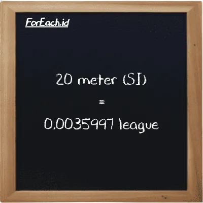 20 meter is equivalent to 0.0035997 league (20 m is equivalent to 0.0035997 lg)
