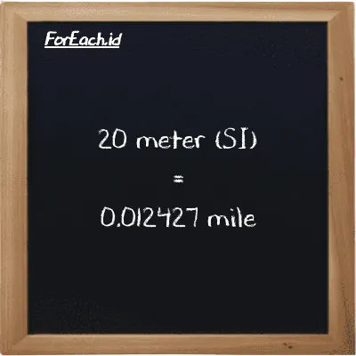 20 meter is equivalent to 0.012427 mile (20 m is equivalent to 0.012427 mi)