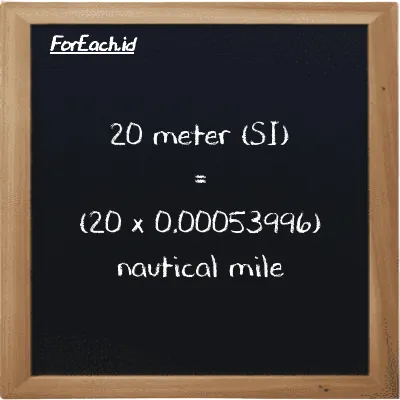 How to convert meter to nautical mile: 20 meter (m) is equivalent to 20 times 0.00053996 nautical mile (nmi)