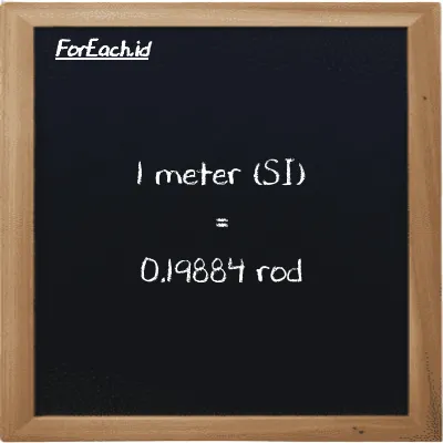1 meter is equivalent to 0.19884 rod (1 m is equivalent to 0.19884 rd)