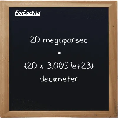 How to convert megaparsec to decimeter: 20 megaparsec (Mpc) is equivalent to 20 times 3.0857e+23 decimeter (dm)