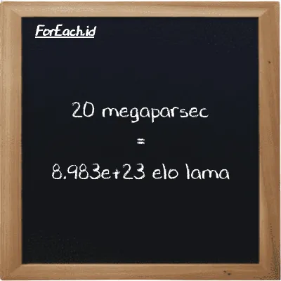 20 megaparsec is equivalent to 8.983e+23 elo lama (20 Mpc is equivalent to 8.983e+23 el la)