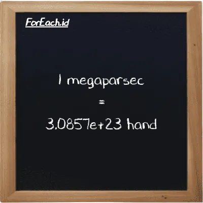1 megaparsec is equivalent to 3.0857e+23 hand (1 Mpc is equivalent to 3.0857e+23 h)