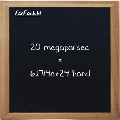 20 megaparsec is equivalent to 6.1714e+24 hand (20 Mpc is equivalent to 6.1714e+24 h)