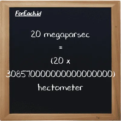 How to convert megaparsec to hectometer: 20 megaparsec (Mpc) is equivalent to 20 times 308570000000000000000 hectometer (hm)