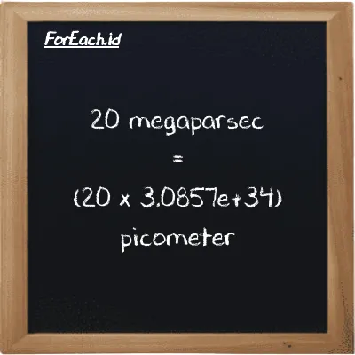How to convert megaparsec to picometer: 20 megaparsec (Mpc) is equivalent to 20 times 3.0857e+34 picometer (pm)