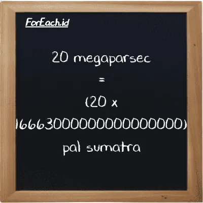 How to convert megaparsec to pal sumatra: 20 megaparsec (Mpc) is equivalent to 20 times 16663000000000000000 pal sumatra (ps)