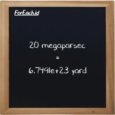 How to convert megaparsec to yard: 20 megaparsec (Mpc) is equivalent to 20 times 3.3745e+22 yard (yd)
