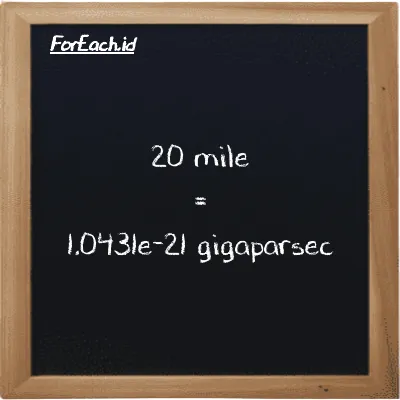 20 mile is equivalent to 1.0431e-21 gigaparsec (20 mi is equivalent to 1.0431e-21 Gpc)