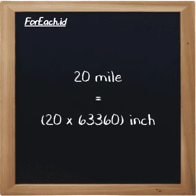 How to convert mile to inch: 20 mile (mi) is equivalent to 20 times 63360 inch (in)