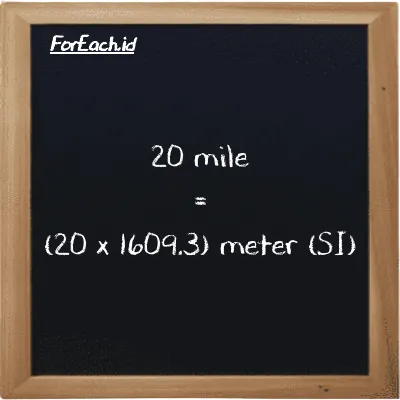 How to convert mile to meter: 20 mile (mi) is equivalent to 20 times 1609.3 meter (m)