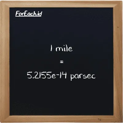 1 mile is equivalent to 5.2155e-14 parsec (1 mi is equivalent to 5.2155e-14 pc)