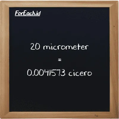 20 micrometer is equivalent to 0.0041573 cicero (20 µm is equivalent to 0.0041573 ccr)