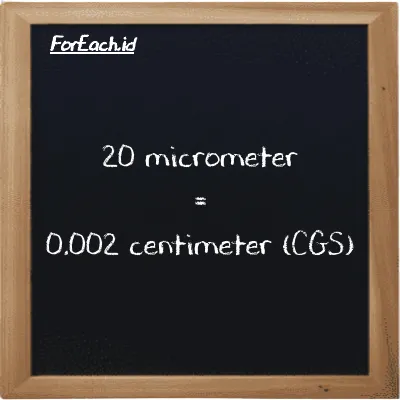20 micrometer is equivalent to 0.002 centimeter (20 µm is equivalent to 0.002 cm)